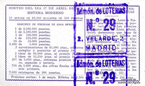 Reverso del décimo de Lotería Nacional de 1971 Sorteo 13