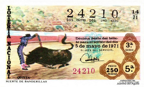 Décimo de Lotería Nacional de 1971 Sorteo 14 - SUERTE DE BANDERILLAS