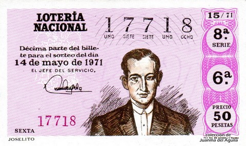 Décimo de Lotería Nacional de 1971 Sorteo 15 - JOSELITO