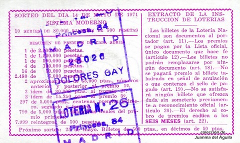 Reverso décimo de Lotería 1971 / 15