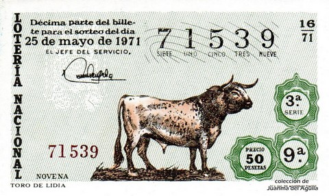 Décimo de Lotería Nacional de 1971 Sorteo 16 - TORO DE LIDIA
