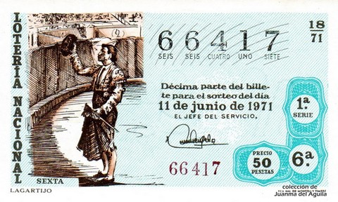 Décimo de Lotería Nacional de 1971 Sorteo 18 - LAGARTIJO