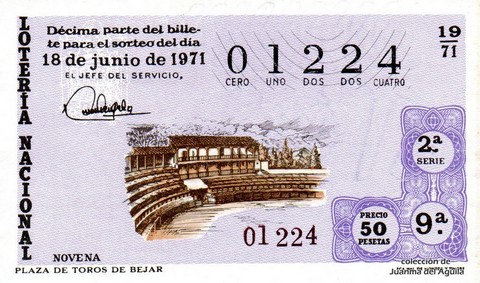 Décimo de Lotería Nacional de 1971 Sorteo 19 - PLAZA DE TOROS DE BEJAR