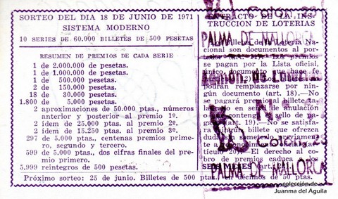 Reverso décimo de Lotería 1971 / 19