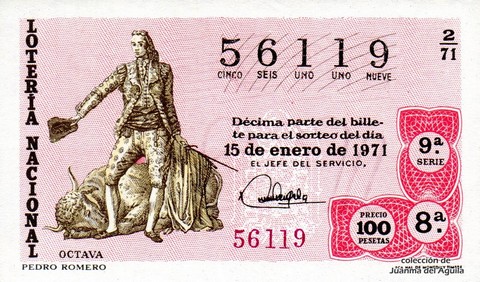 Décimo de Lotería Nacional de 1971 Sorteo 2 - PEDRO ROMERO