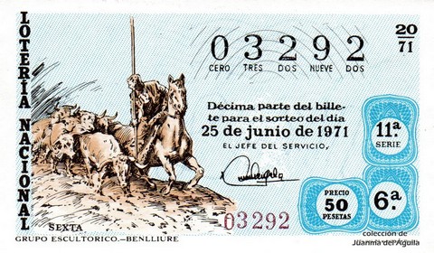 Décimo de Lotería Nacional de 1971 Sorteo 20 - GRUPO ESCULTORICO.-BENLLIURE