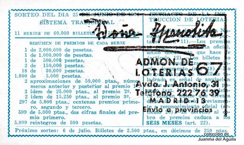 Reverso del décimo de Lotería Nacional de 1971 Sorteo 20