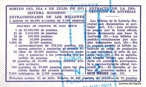 Reverso del décimo de Lotería Nacional de 1971 Sorteo 21