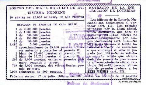 Reverso del décimo de Lotería Nacional de 1971 Sorteo 22