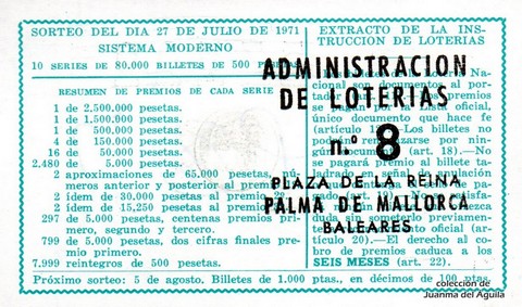 Reverso del décimo de Lotería Nacional de 1971 Sorteo 23