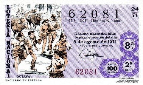 Décimo de Lotería Nacional de 1971 Sorteo 24 - ENCIERRO EN ESTELLA