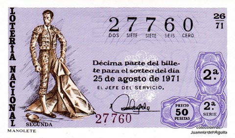 Décimo de Lotería Nacional de 1971 Sorteo 26 - MANOLETE