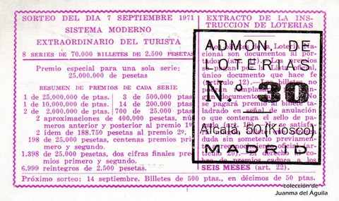 Reverso del décimo de Lotería Nacional de 1971 Sorteo 27
