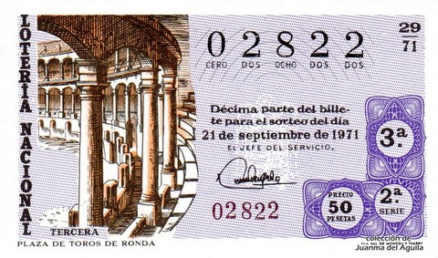 Décimo de Lotería Nacional de 1971 Sorteo 29 - PLAZA DE TOROS DE RONDA