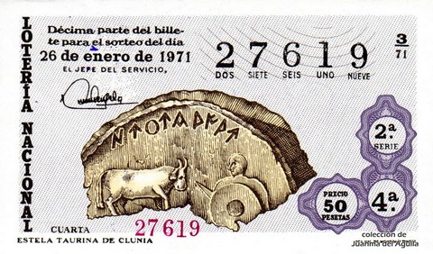 Décimo de Lotería Nacional de 1971 Sorteo 3 - ESTELA TAURINA DE CLUNIA