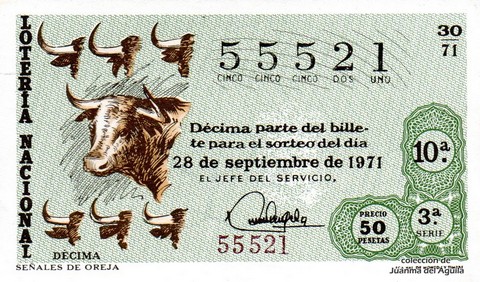 Décimo de Lotería Nacional de 1971 Sorteo 30 - SEÑALES DE OREJA