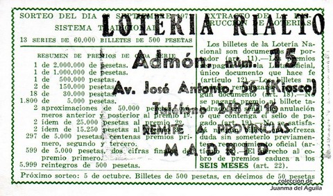 Reverso del décimo de Lotería Nacional de 1971 Sorteo 30