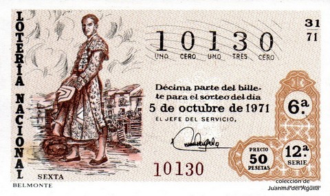 Décimo de Lotería Nacional de 1971 Sorteo 31 - BELMONTE