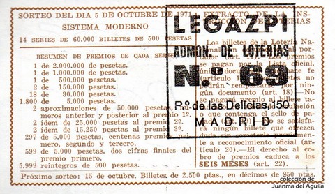 Reverso del décimo de Lotería Nacional de 1971 Sorteo 31