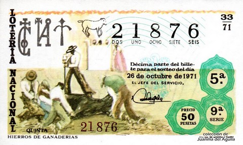 Décimo de Lotería Nacional de 1971 Sorteo 33 - HIERROS DE GANADERIAS