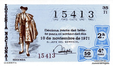 Décimo de Lotería Nacional de 1971 Sorteo 35 - GUERRITA