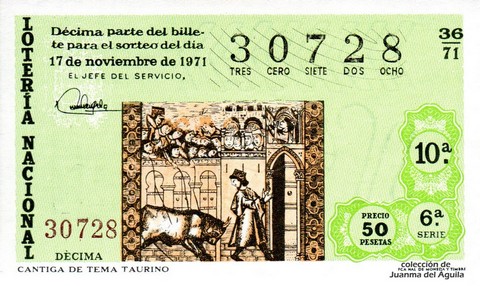 Décimo de Lotería Nacional de 1971 Sorteo 36 - CANTIGA DE TEMA TAURINO