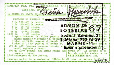 Reverso del décimo de Lotería Nacional de 1971 Sorteo 36