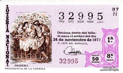 Décimo de Lotería Nacional de 1971 Sorteo 37 - PRESIDENCIA DE LA CORRIDA