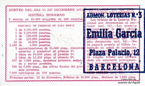 Reverso décimo de Lotería 1971 / 39