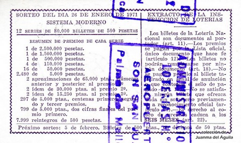 Reverso décimo de Lotería 1971 / 3