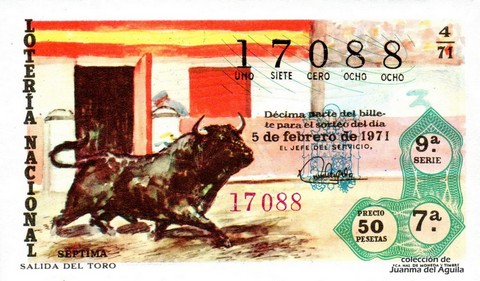 Décimo de Lotería Nacional de 1971 Sorteo 4 - SALIDA DEL TORO