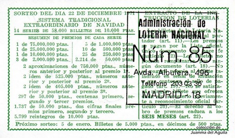 Reverso del décimo de Lotería Nacional de 1971 Sorteo 40