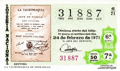 Décimo de Lotería Nacional de 1971 Sorteo 6 - LA TAUROMAQUIA DE PEPE-HILLO