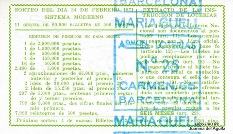 Reverso del décimo de Lotería Nacional de 1971 Sorteo 6