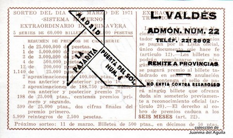 Reverso décimo de Lotería 1971 / 7