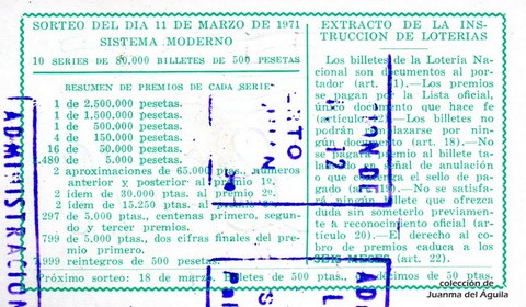 Reverso del décimo de Lotería Nacional de 1971 Sorteo 8