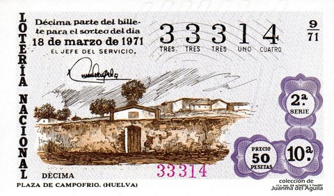 Décimo de Lotería Nacional de 1971 Sorteo 9 - PLAZA DE CAMPOFRIO. (HUELVA)