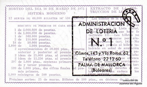 Reverso del décimo de Lotería Nacional de 1971 Sorteo 9