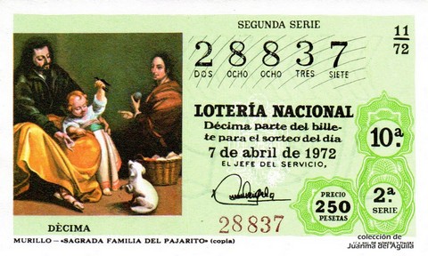 Décimo de Lotería Nacional de 1972 Sorteo 11 - MURILLO - «SAGRADA FAMILIA DEL PAJARITO» (copia)