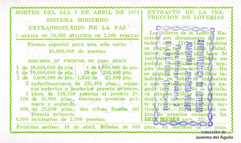 Reverso décimo de Lotería 1972 / 11