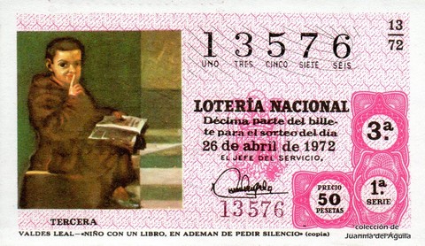 Décimo de Lotería Nacional de 1972 Sorteo 13 - VALDES LEAL - «NIÑO CON UN LIBRO, EN ADEMAN DE PEDIR SILENCIO» (copia)