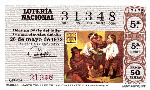 Décimo de Lotería Nacional de 1972 Sorteo 17 - MURILLO - «SANTO TOMAS DE VILLANUEVA REPARTE SU ROPA» (copia)