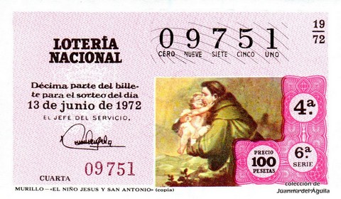 Décimo de Lotería Nacional de 1972 Sorteo 19 - MURILLO - «EL NIÑO JESUS Y SAN ANTONIO» (copia)