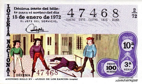 Décimo de Lotería Nacional de 1972 Sorteo 2 - ANONIMO SIGLO XV - «JUEGO DE LOS ZANCOS» (copia)