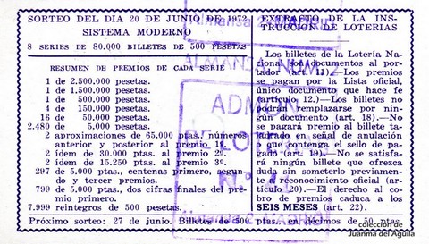 Reverso décimo de Lotería 1972 / 20