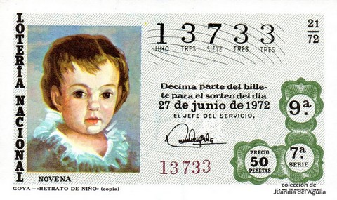 Décimo de Lotería Nacional de 1972 Sorteo 21 - GOYA - «RETRATO DE NIÑO» (copia)
