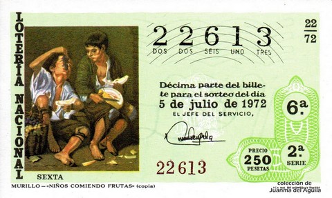 Décimo de Lotería Nacional de 1972 Sorteo 22 - MURILLO - «NIÑOS COMIENDO FRUTAS» (copia)