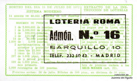 Reverso décimo de Lotería 1972 / 23