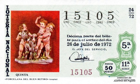 Décimo de Lotería Nacional de 1972 Sorteo 24 - «PORCELANA DEL BUEN RETIRO» (copia)