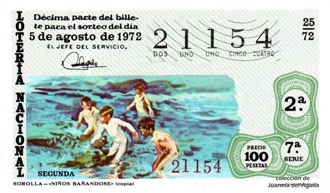Décimo de Lotería Nacional de 1972 Sorteo 25 - SOROLLA - «NIÑOS BAÑANDOSE» (copia)